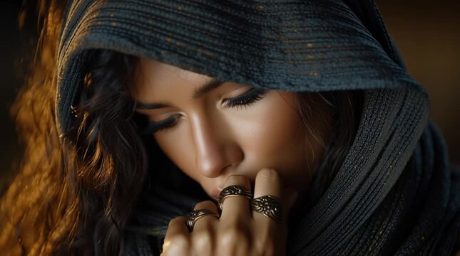 mysterious nomadic woman at golden desert sunset, ethnic desert wanderer portrait in arid sands, enigmatic tribal woman in sahara dunes