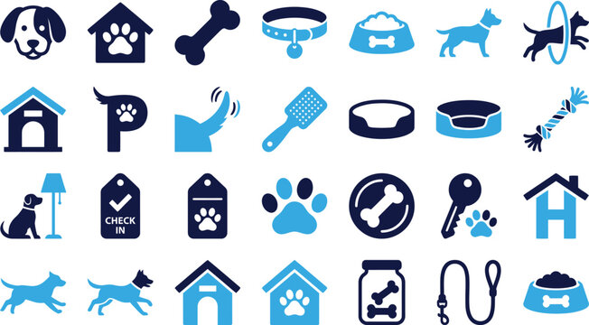 Collection of flat pet care icons for dog grooming and veterinary services.