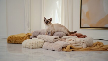 Siamese Cat Relaxing on Cozy Pile of Cushions Indoor