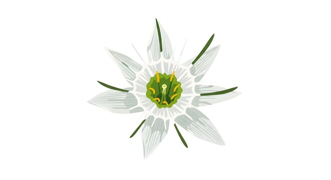 A clean vector illustration of a white Nigella flower with its intricate green center and petals.