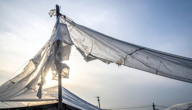 A torn and weathered plastic sheet flapping in the breeze against a bright sky