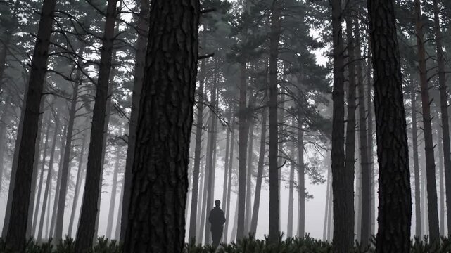 Misty woodland mood, Dense fog surrounds towering pine trees, Eerie mist cloaks silent forest landscape at dusk, Somber and foggy pine woodland scene with distant shapes and calming pace