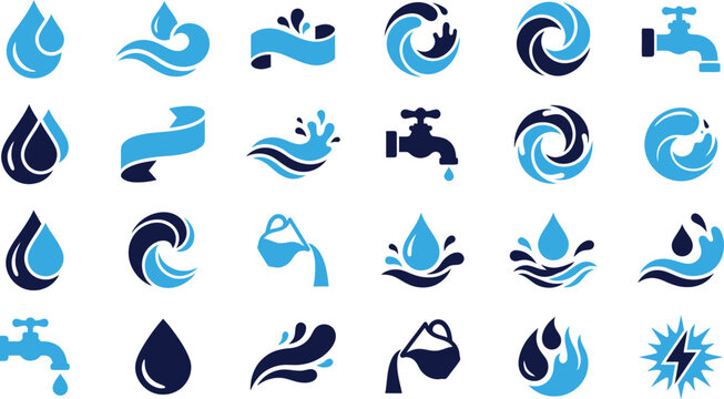 Water icons set faucets drops waves splashes ribbons and circular motion symbols.