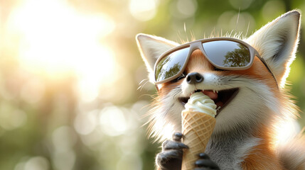 Fototapeta premium Red fox cartoon character wearing sunglasses and a hat, happily enjoying a refreshing ice cream cone, symbolizing summer joy, sweet treats, and cool relaxation