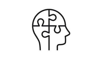 Minimalist black line vector icon of a human head profile silhouette made of four interlocking puzzle pieces, symbolizing mental health, psychology, logic, problem solving, and cognition. © AMIN SUMON