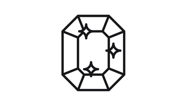 Black line art vector icon of a faceted emerald cut gemstone with sparkles. Minimalist illustration of a precious jewel, diamond, or crystal symbol for luxury jewelry branding and design.