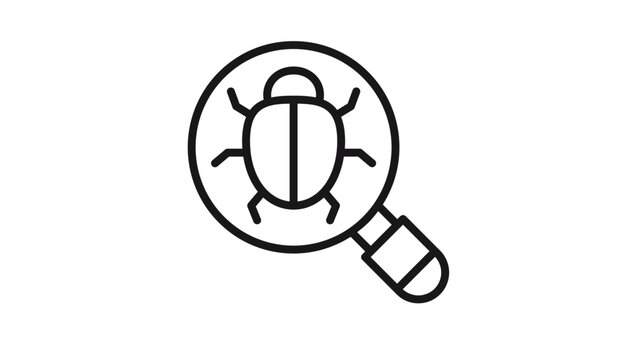 Software Bug Testing and Debugging Vector Icon Illustration. Black Line Art Symbol of a Beetle Under a Magnifying Glass for Quality Assurance, Error Detection, Search, and Pest Control Concepts.