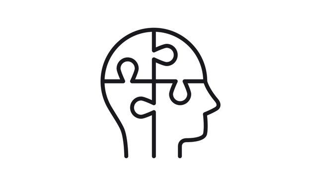 Minimalist black line vector icon of a human head profile silhouette made of four interlocking puzzle pieces, symbolizing mental health, psychology, logic, problem solving, and cognition.