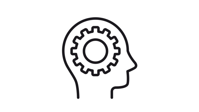 Minimalist black vector icon illustration of a human head profile with a gear inside, representing thinking, logic, engineering, mental process, brain function, and artificial intelligence.