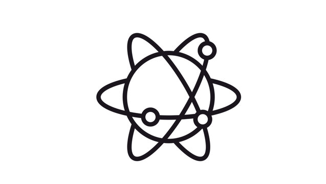 Atomic structure vector illustration featuring a central nucleus and three intersecting elliptical orbits with electrons, minimalist black line icon for science, physics, and technology concepts.