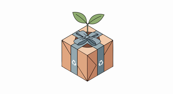 Eco-friendly sustainable gift box with recycling symbol and green sprout growing, isometric illustration for environmental conservation and green packaging concepts.