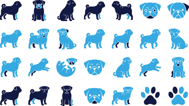 Various pug dog icons demonstrating different actions and poses vector collection.