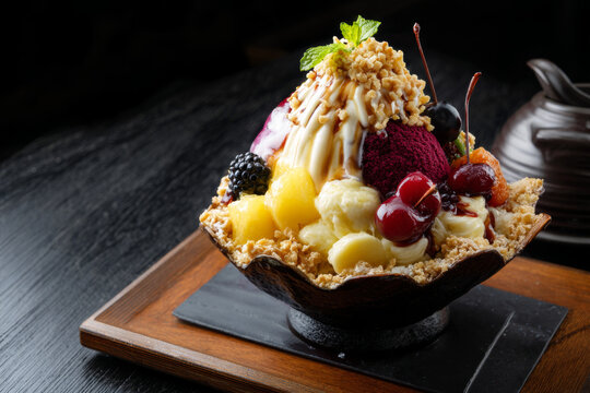 A vibrant close-up food photo of an Asian-style dessert featuring creamy ice cream and tangy sorbet scoops, topped with fresh berries, kiwi slices, and mango chunks over finely shaved ice, 