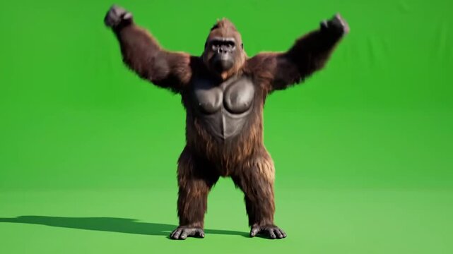 A powerful gorilla stands with its arms raised in a triumphant pose against a green screen.