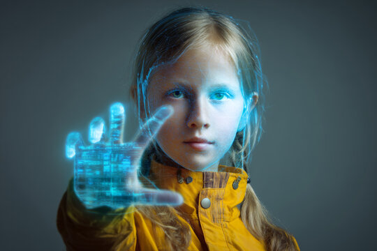 Teenage girl using hand movements to operate a floating holographic panel, confident pose, futuristic classroom setting, soft neon lighting