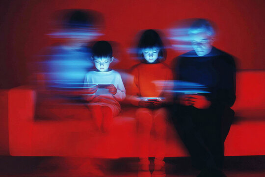 A young digitally native child surrounded by floating red AI educational interfaces inside a futuristic smart home, motion blur effect emphasizing rapid generational and technological change
