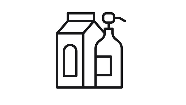 Minimalist black line vector icon illustration of liquid product packaging including a gable top carton and a pump dispenser bottle for soap, lotion, or beverages, isolated on white background.