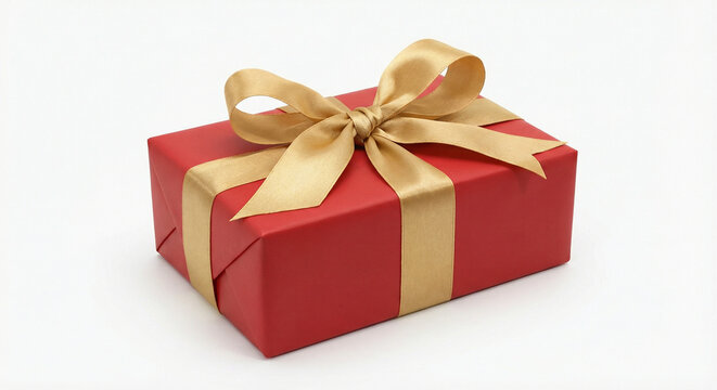 Caixa de presente vermelha com fita e la&ccedil;o dourado isolada no fundo branco