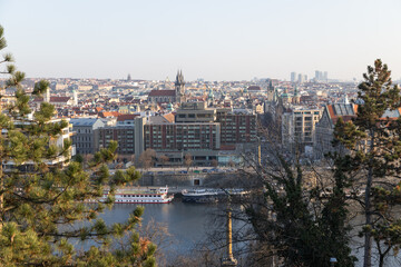 scenic view of the Old Town pier architecture and Charles Bridge over Vltava river in Prague Czech Republic. Prague iconic Charles Bridge (Karluv Most) and Old Town Bridge Tower