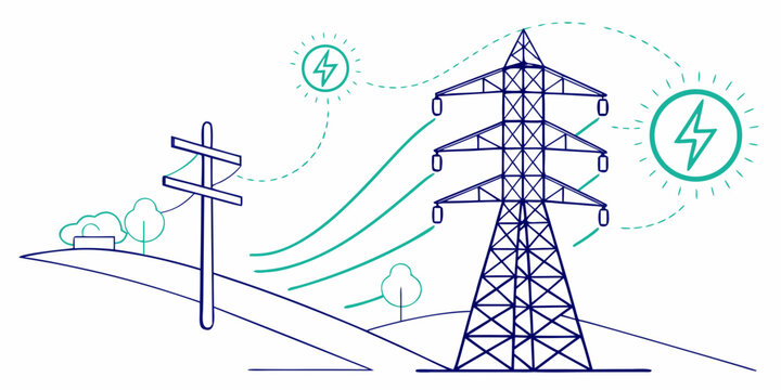 High voltage electricity power transmission pylon sketch illustration with lightning bolt symbols representing energy distribution network electricity transmission infrastructur