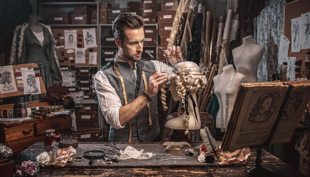 Skilled artisan crafting a vintage wig in a detailed workshop. This cinematic image captures the essence of costume design and historical craftsmanship, perfect for creative industries.