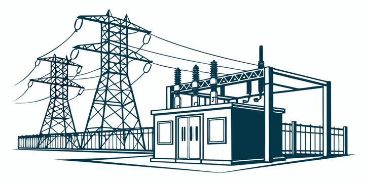 Minimalist graphic line art of an electrical power substation with power lines and steel pylons high voltage electricity substation infrastructure transmission electrical