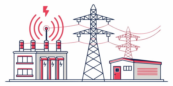 Graphic illustration of an industrial power plant substation with transmission towers and radio wave signal high voltage electricity substation infrastructure transmission