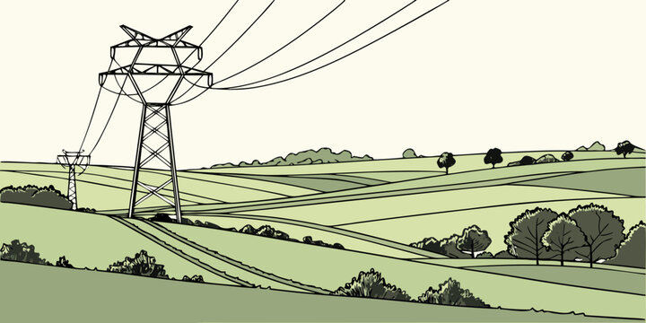 High voltage electricity pylon in scenic rural landscape with electricity transmission landscape countryside infrastructure environment industry engineering development