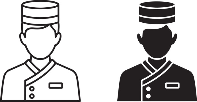 Minimalist bellboy and hotel concierge avatar icons in line and silhouette style