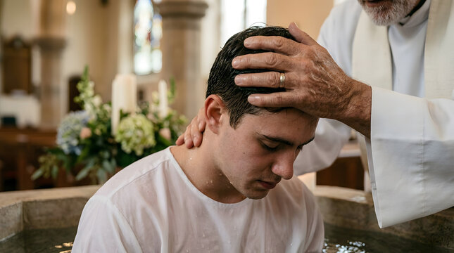 Sacred Baptism: A moment of spiritual cleansing and religious devotion is captured as a reverend performs a baptism, with the tranquil atmosphere enhancing the sacredness of the moment.