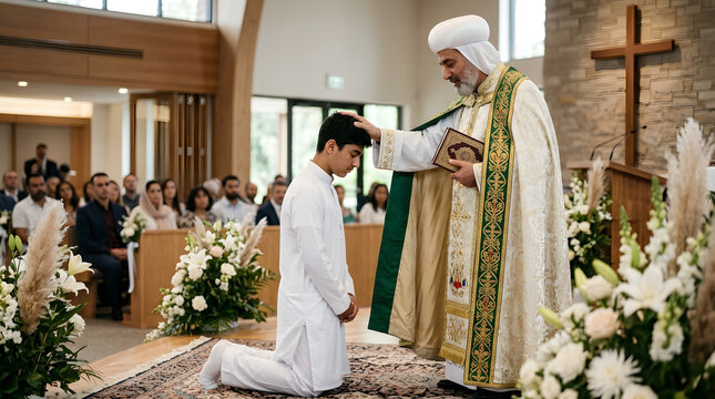 Ceremonial Blessing: A reverent moment unfolds as a religious figure bestows a blessing upon a kneeling individual. captured within a place of worship, adorned with flowers and the presence of others.