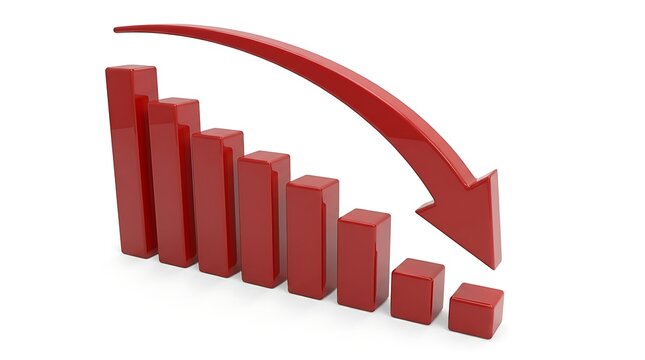 Red declining bar chart with downward arrow, financial crisis and economic recession concept, 3D business graph showing market loss and bankruptcy