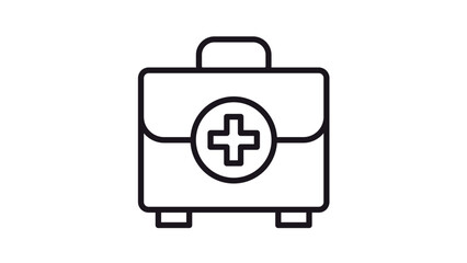 Minimalist black line art vector icon illustration of a first aid kit or medical bag featuring a cross symbol, representing emergency healthcare, medical supplies, and safety equipment. © AMIN SUMON