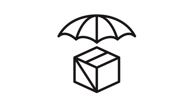Package protection vector icon illustration. Black line art symbol of a cardboard box under an umbrella representing safe delivery, insurance, and shipping security for e-commerce business.