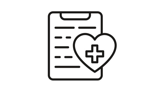 Medical record clipboard icon with heart and cross symbol, black line vector illustration for healthcare, patient history, medical insurance, and clinical diagnosis concept.