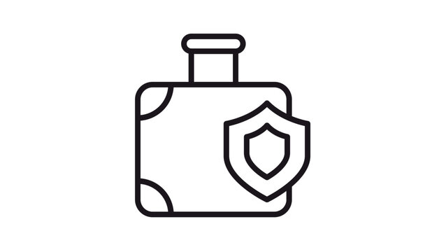 Travel insurance and luggage protection vector icon. Minimalist black line illustration of a suitcase with a security shield symbol, representing baggage safety, secure travel, and trip security.