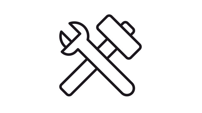 Minimalist crossed wrench and hammer vector icon illustration, black line art symbol representing repair, maintenance, construction, and professional service work, isolated on white background.