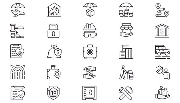 Insurance and Security Vector Icon Set: 25 Black Minimalist Line Icons for Financial Protection, Travel Safety, Medical Care, Legal, Construction, Real Estate, and Business Services Bundle.