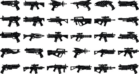 Futuristic gun and laser rifle icons set with various science fiction weapons and blaster designs. © Mofajjol
