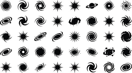 Galaxy and space nebula icons set with spiral shapes and cosmic star silhouettes for astronomical. © Mofajjol
