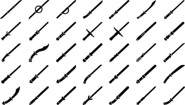 Energy sword and light saber icons set with futuristic blade weapons for space warrior silhouette.