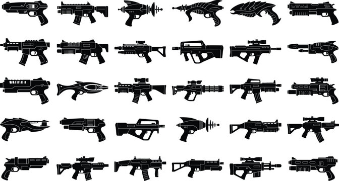Futuristic gun and laser rifle icons set with various science fiction weapons and blaster designs.