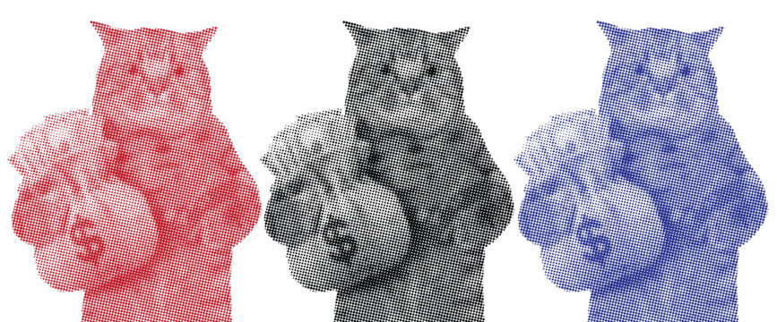 Funny Cat Holding Money Bag Set, Red Blue and Black Greedy Feline Vector Illustration, Rich Cat Sticker Collection