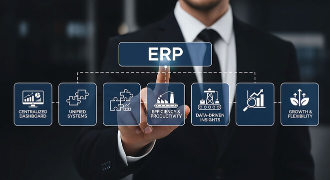 Businessman pointing to ERP software icons for business management and automation