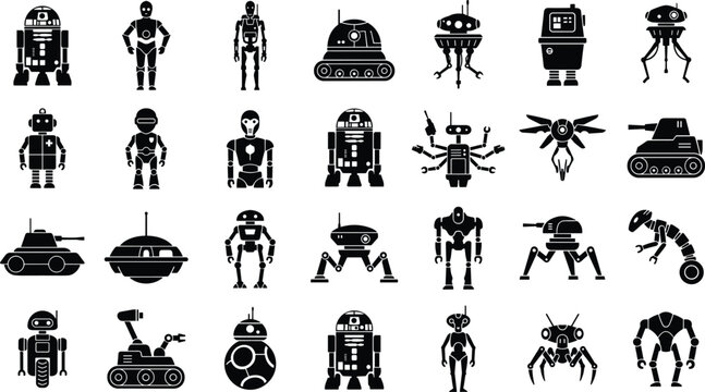Science fiction robot icons set with various droids and mechanical android characters silhouettes.