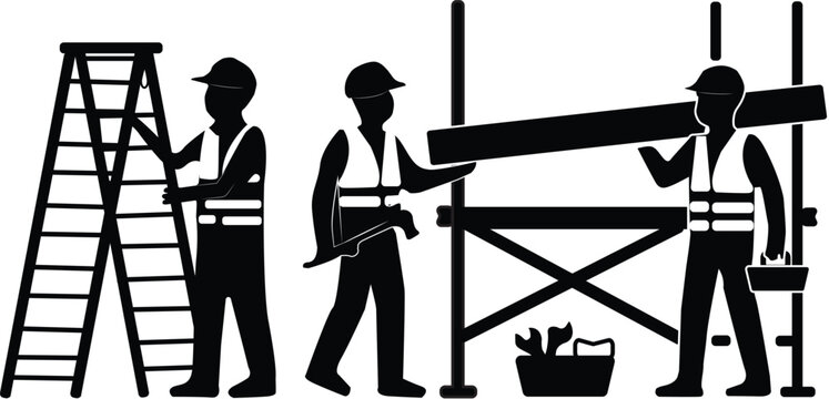 Construction Workers Silhouette Collection Isolated on White Background