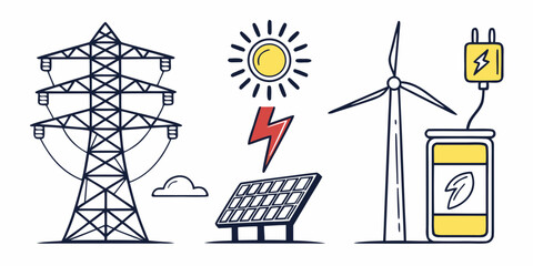 Sustainable power sources featuring wind turbine solar panels and electric transmission tower electricity transmission electric renewable sustainable environment lightning © AX