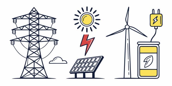 Sustainable power sources featuring wind turbine solar panels and electric transmission tower electricity transmission electric renewable sustainable environment lightning