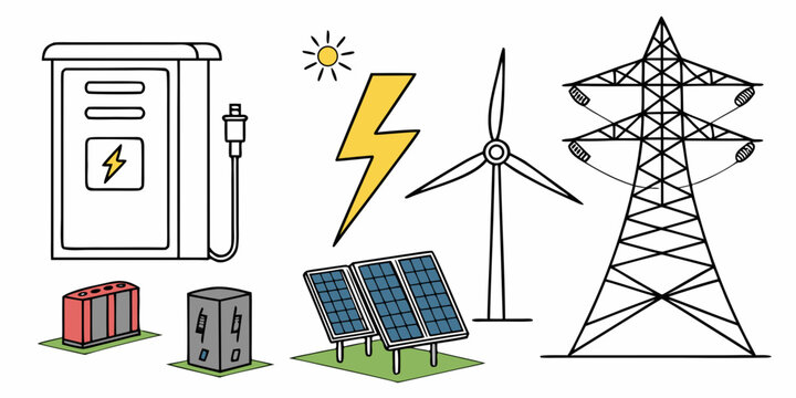 Smart energy grid concept with charging station solar panels and electric tower electricity charging transmission electric lightning infrastructure technology renewable