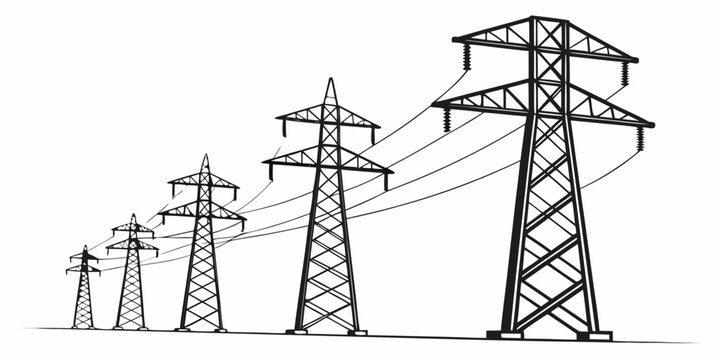 High voltage electricity grid power towers and transmission lines with electricity transmission infrastructure illustration silhouette industrial distribution engineering